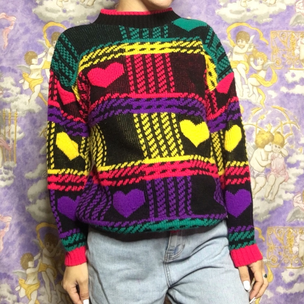 Vintage colorful neon rainbow sweater mock neck